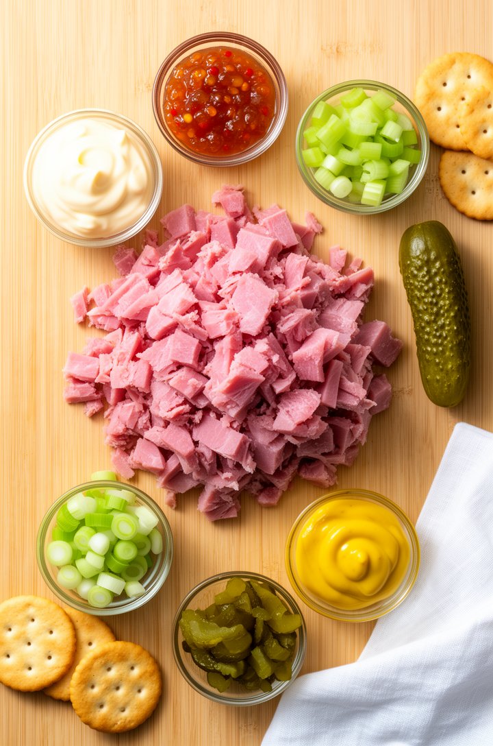 Overhead flat-lay of ham salad ingredients arranged on a light wooden cutting board — a pile of rough-cut pink ham chunks in the center, small glass bowls of mayonnaise, sweet relish, diced celery, ch
