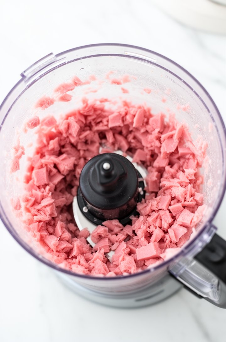 Close-up action shot of a food processor bowl with pink ham chunks being pulsed, some pieces finely chopped and others still chunky mid-process, the blade visible through the clear bowl, bits of ham c