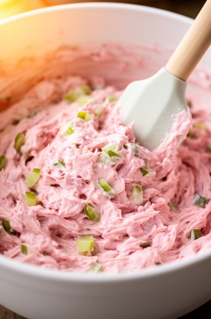 Extreme close-up of creamy pink ham salad being folded together in a white mixing bowl with a rubber spatula, visible pieces of green celery and pickle throughout the creamy mixture, the spatula mid-f