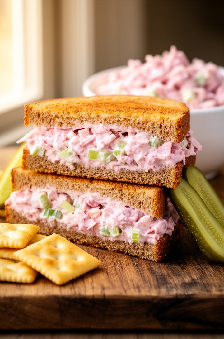 Close-up 30-degree angle of a ham salad sandwich cut in half and stacked on a rustic wooden cutting board, thick layer of creamy pink ham salad visible between slices of toasted wheat bread, visible c