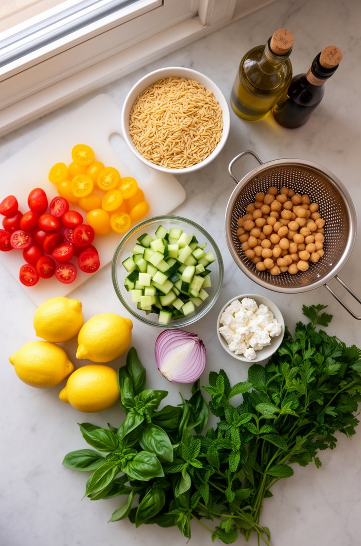 Overhead flat-lay of ingredients for orzo pasta salad arranged on a light marble surface — a small bowl of dry orzo pasta, halved cherry tomatoes in red and yellow on a cutting board, diced cucumber i