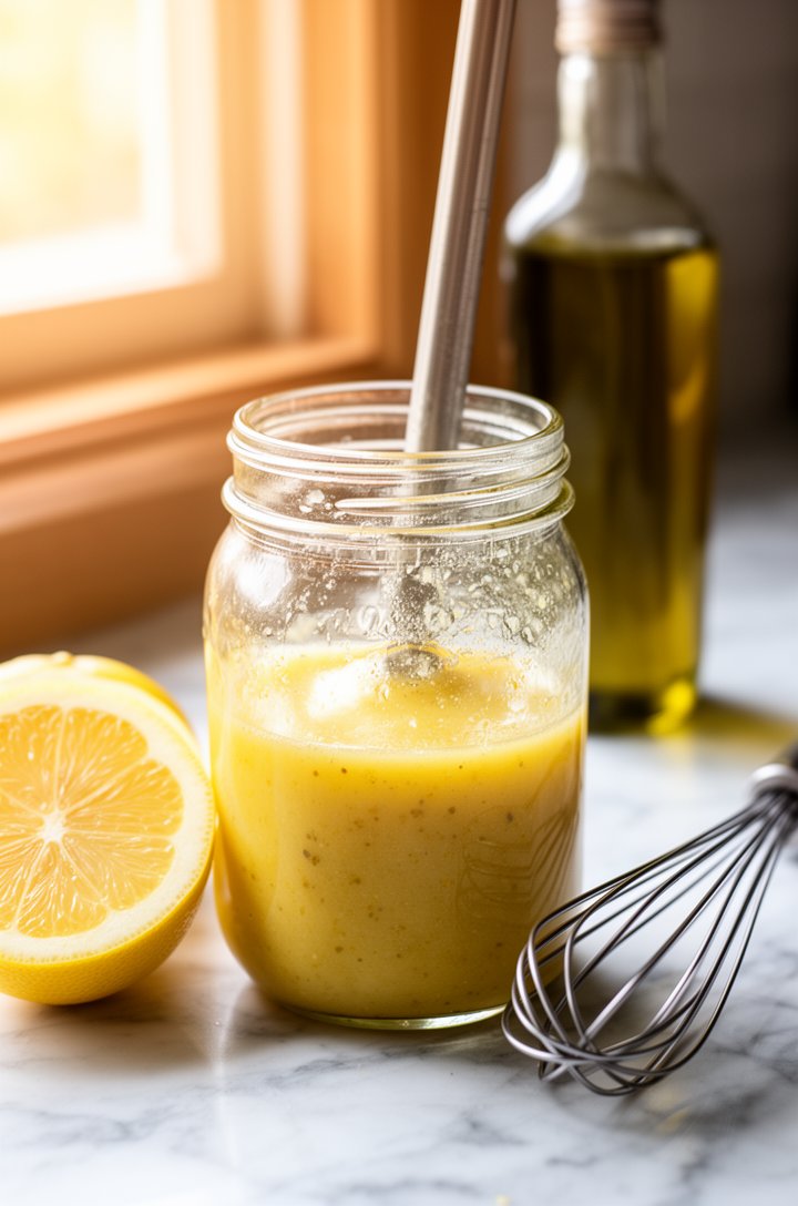 Close-up 30-degree angle shot of a mason jar being shaken with golden lemon vinaigrette inside, the dressing looking creamy and emulsified, a halved lemon and whisk resting on the marble counter besid