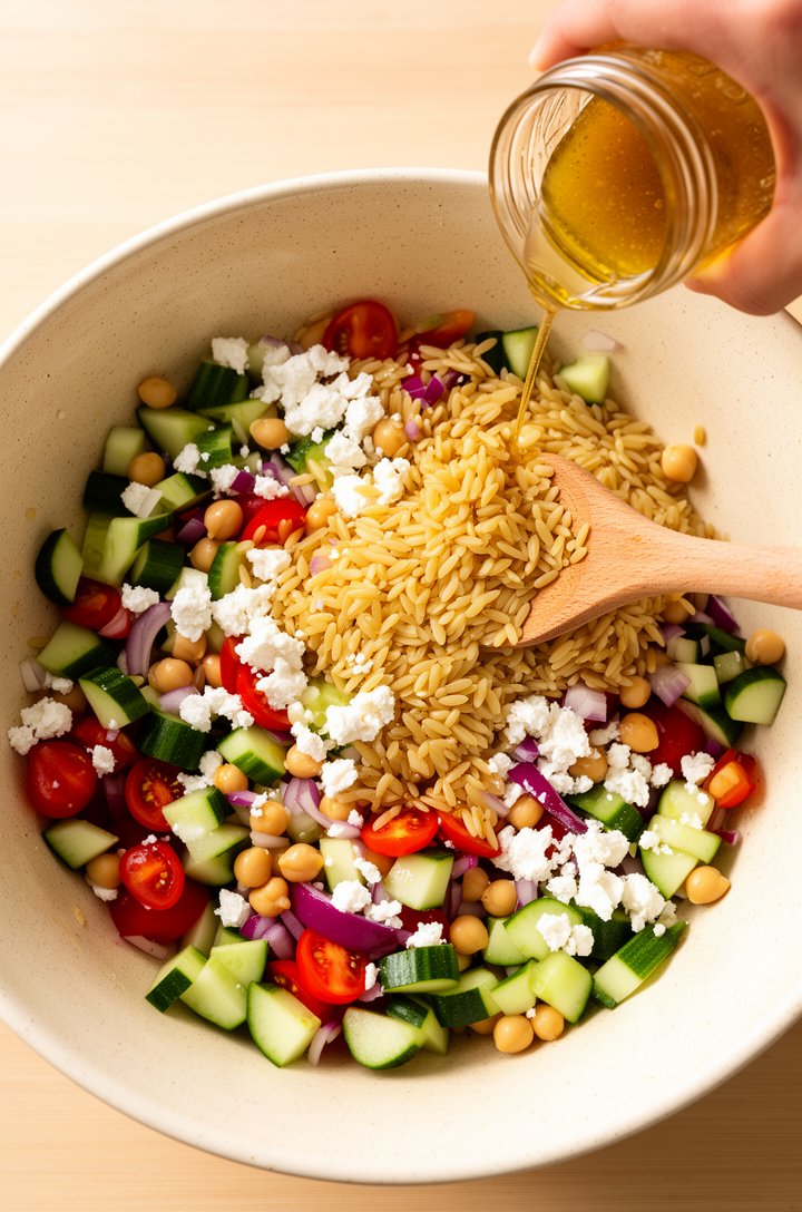 Overhead shot of cooled orzo pasta being added to a large mixing bowl filled with diced cucumber, halved cherry tomatoes, chickpeas, red onion, and crumbled feta, a wooden spoon mid-toss, golden vinai
