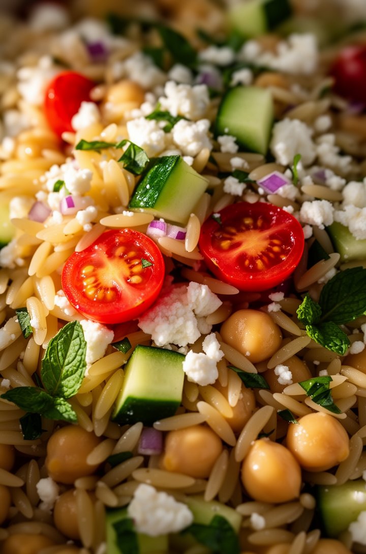 Extreme close-up macro shot of the finished orzo pasta salad filling the entire frame, individual orzo grains coated in glossy vinaigrette, bright red cherry tomato halves showing seeds and juice, gre