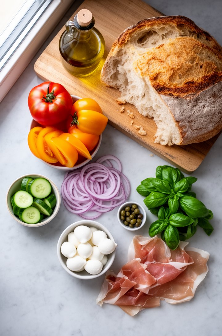 Overhead flat-lay of panzanella ingredients arranged on a light grey marble surface before assembly — a torn loaf of crusty Italian bread on a wooden board, two multicolored heirloom tomatoes (one dee
