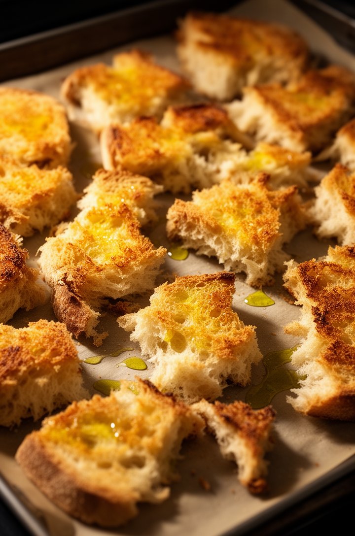 Close-up 30-degree angle shot of golden-brown toasted bread pieces fresh from the oven on a parchment-lined baking sheet, irregular torn edges showing crispy golden crust and airy interior crumb, some