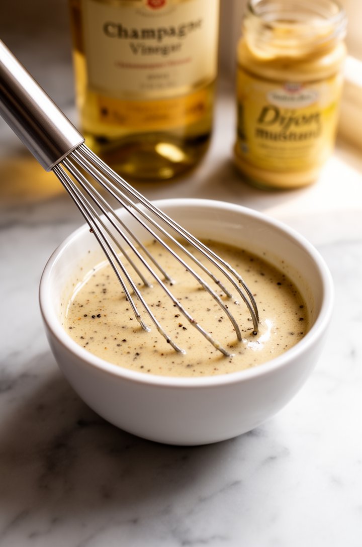 Side-angle close-up of a whisk resting in a small white ceramic bowl of champagne vinaigrette, the dressing creamy and emulsified with visible flecks of black pepper, a bottle of champagne vinegar and