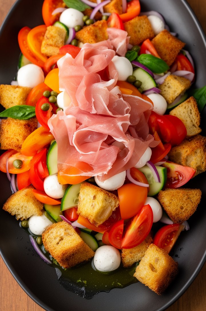 Extreme close-up overhead shot looking directly down into a large assembled panzanella salad on a dark matte oval platter, golden toasted bread chunks mixed with bright red and orange heirloom tomato 