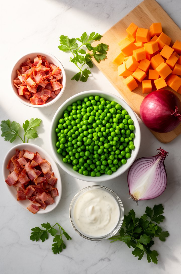 Overhead flat-lay of pea salad ingredients arranged on a light marble surface — a bowl of bright green thawed peas in the center, surrounded by a small bowl of diced crispy bacon, a pile of orange che