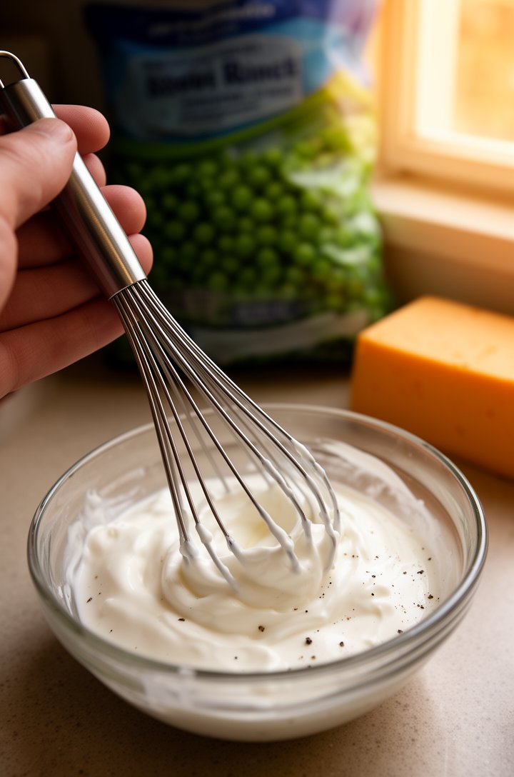 Close-up 45-degree angle of a hand holding a whisk over a small glass bowl, creamy white dressing being mixed — visible sour cream and mayonnaise blending together with a slight sheen, tiny specks of 