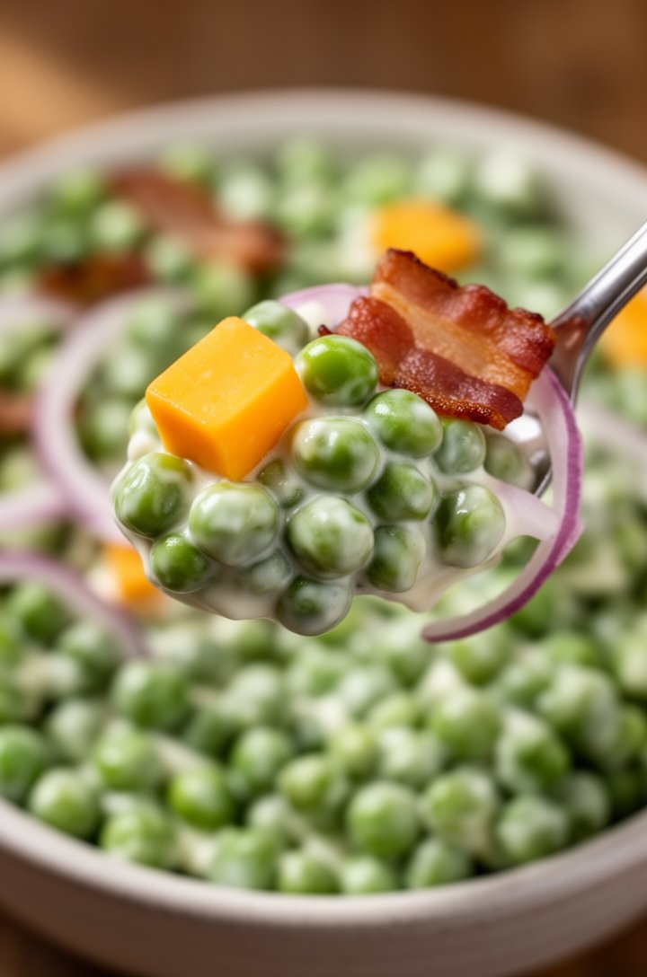 Extreme close-up macro shot of a single spoonful of pea salad being lifted from the bowl, individual bright green peas visible with glossy creamy dressing clinging to them, a cube of sharp orange ched