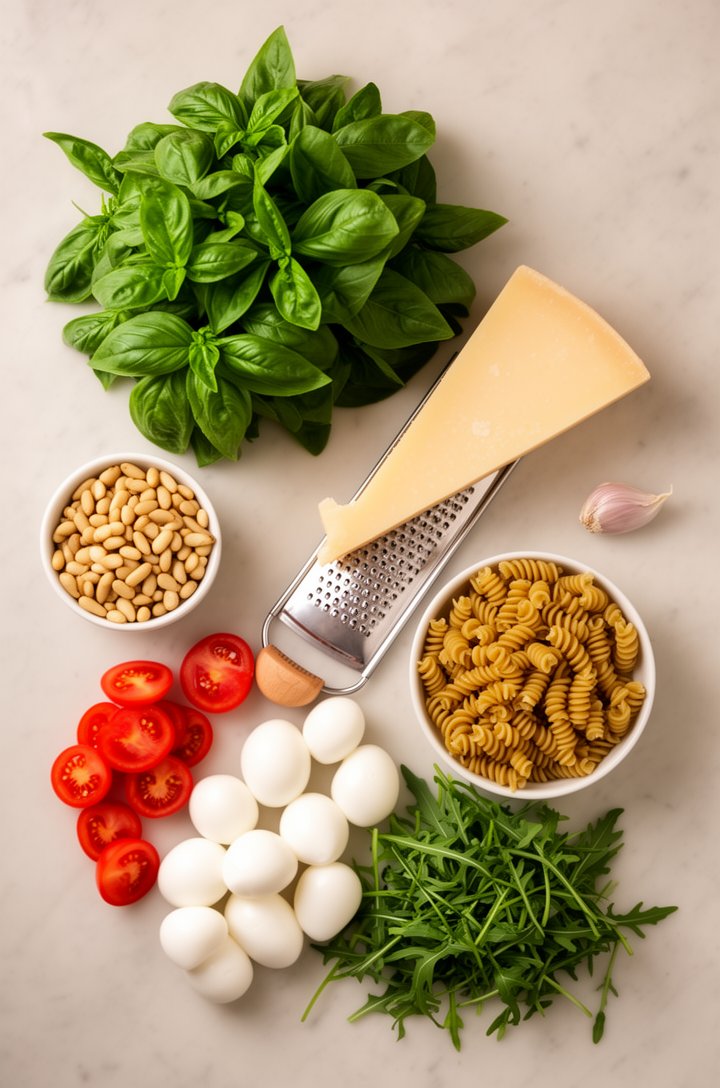 Overhead flat-lay of pesto pasta salad ingredients arranged on a light marble surface — a mound of fresh green basil leaves, a small bowl of golden toasted pine nuts, a wedge of parmesan with a grater