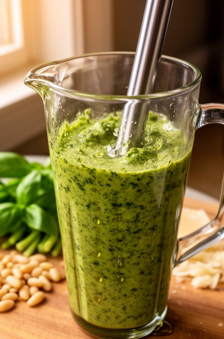 Close-up 45-degree angle of a tall glass jug with vibrant green homemade pesto being blended with an immersion blender, visible basil leaf flecks and creamy olive-green texture, small droplets of oliv