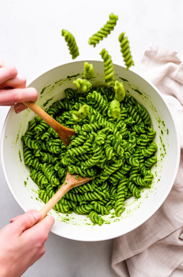 Action shot from above of hands tossing cooked fusilli pasta with bright green pesto in a large white mixing bowl, the pasta visibly coated in every ridge and groove with vibrant basil-green pesto, a 