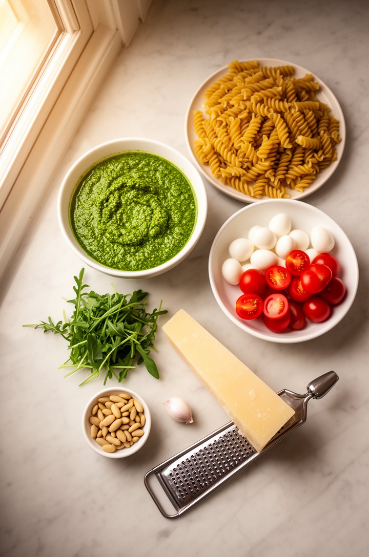 Overhead flat-lay of pesto pasta salad ingredients arranged on a light marble countertop — a bowl of bright green homemade pesto, a mound of uncooked fusilli, halved red cherry tomatoes on a small pla