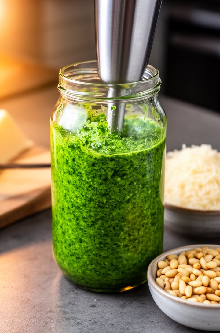 Close-up 30-degree angle shot of vivid green basil pesto being blended in a tall glass jar with an immersion blender, bright green with visible herb flecks, small bowl of toasted golden pine nuts and 