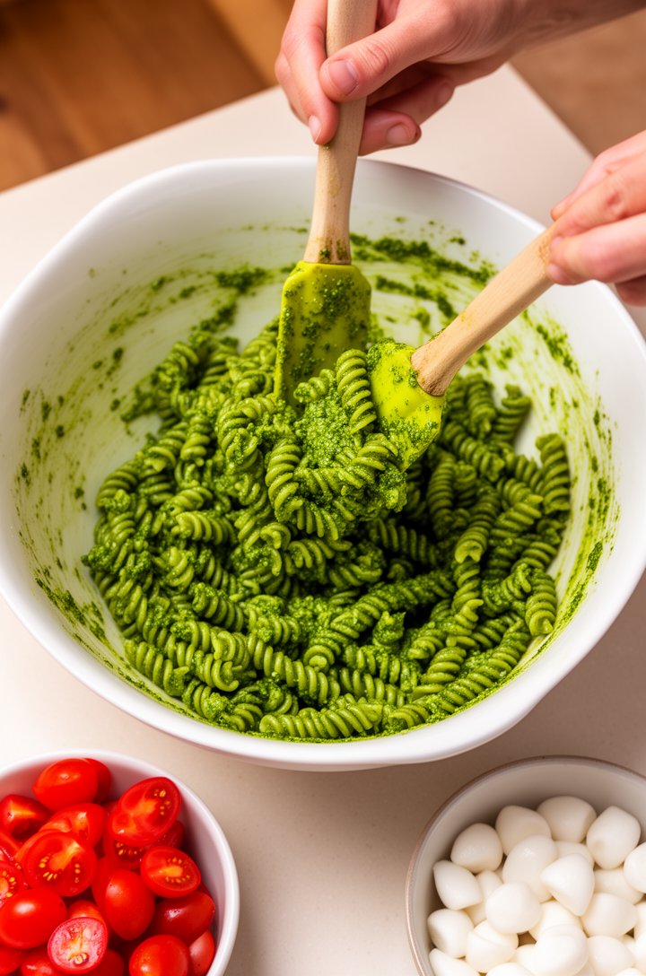 Action shot from slightly above of hands tossing fusilli pasta with bright green pesto in a large white mixing bowl, pasta spirals glistening with vibrant green coating, a rubber spatula mid-motion, s