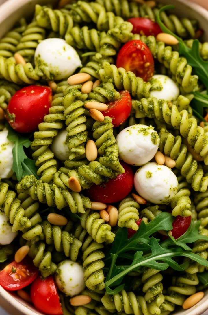 Extreme close-up macro shot of the finished pesto pasta salad from directly above, fusilli spirals coated in vivid green pesto with halved red cherry tomatoes, white bocconcini mozzarella halves, dark