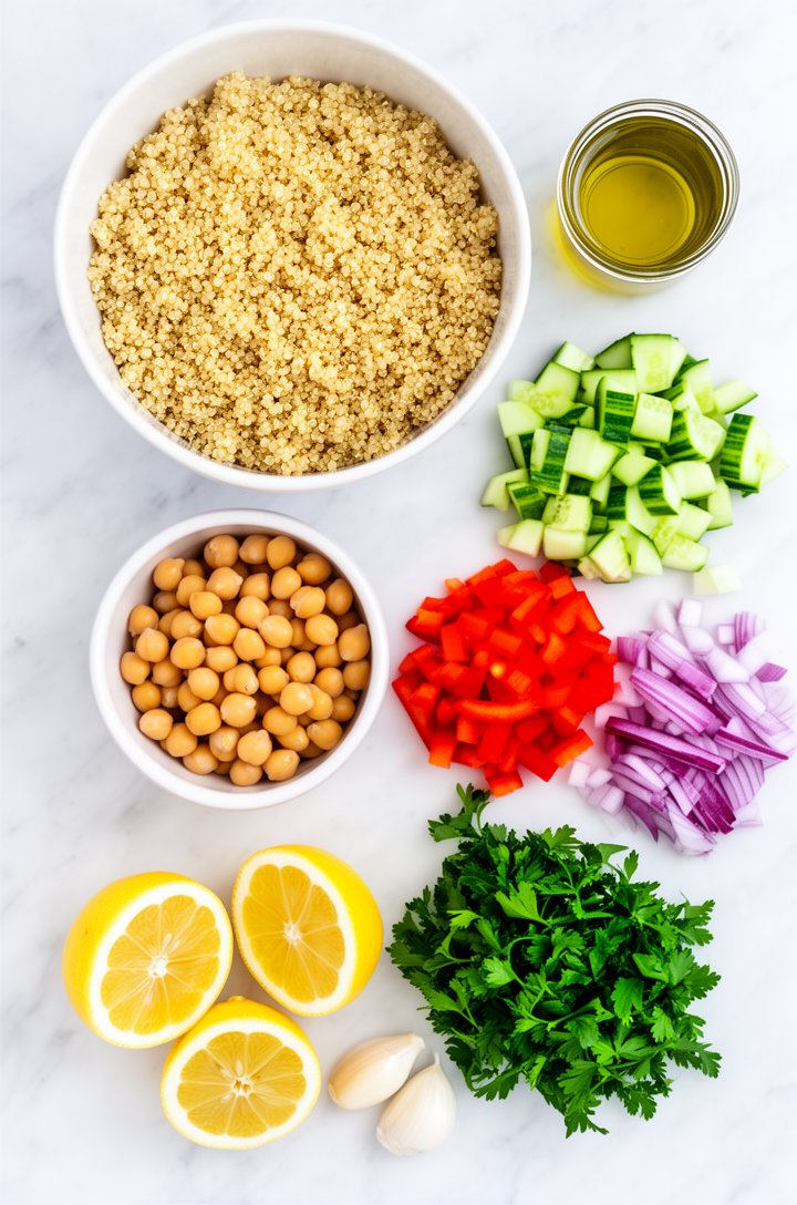 Overhead flat-lay of quinoa salad ingredients arranged on a white marble surface before mixing — a bowl of fluffy cooked quinoa, a small bowl of drained chickpeas, neat piles of chopped cucumber with 