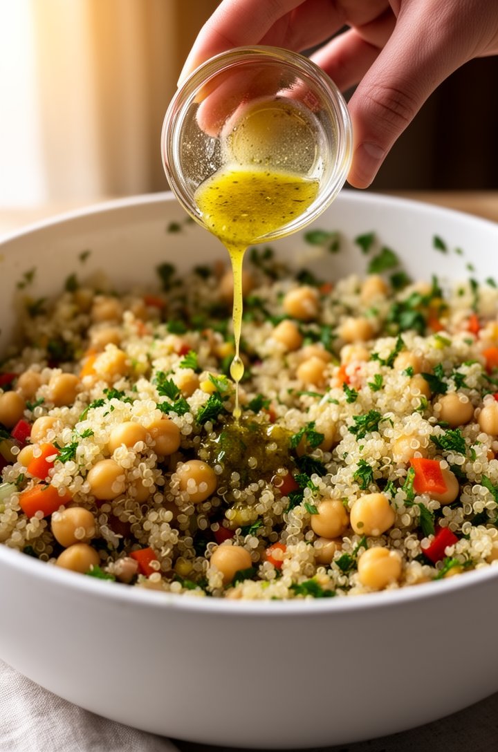Close-up 30-degree angle of a hand drizzling golden lemon-garlic vinaigrette from a small glass bowl over a large white serving bowl filled with quinoa salad, chickpeas and chopped vegetables visible 