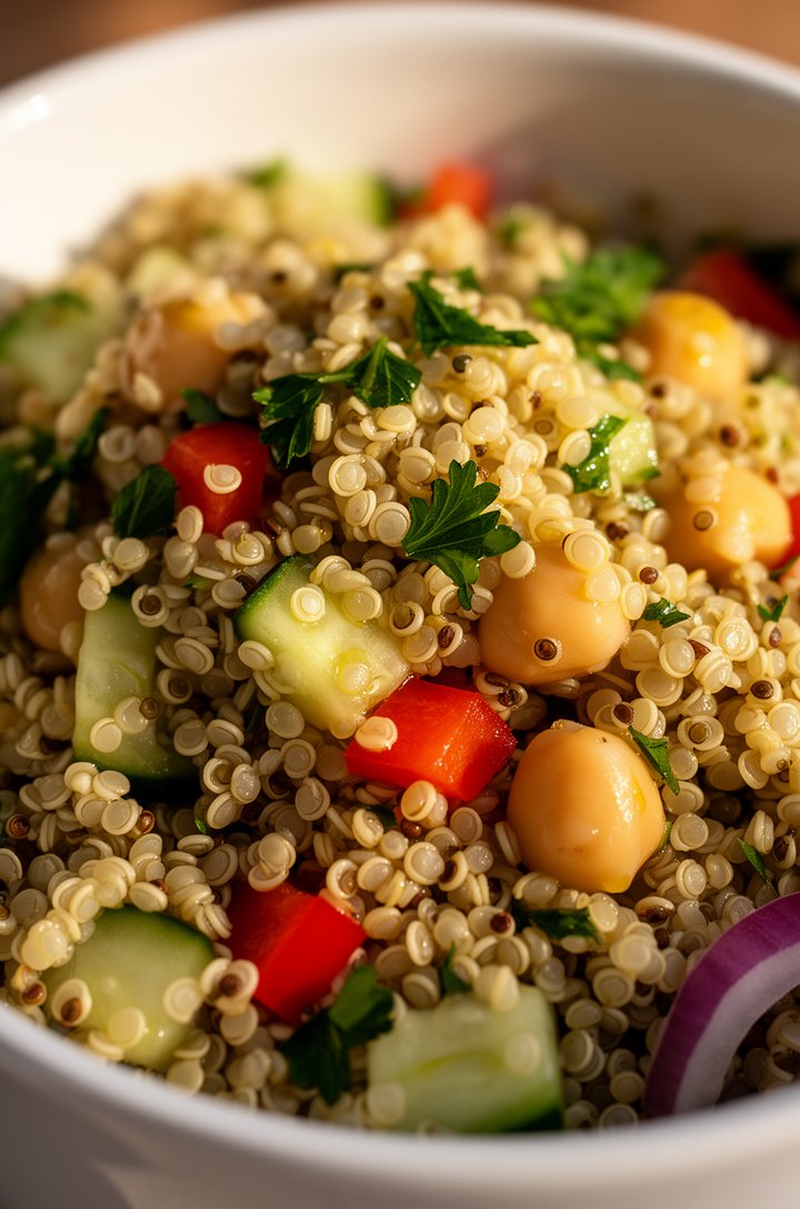 Extreme close-up macro shot of quinoa salad in a white ceramic bowl, individual quinoa grains with visible spiral germ tails glistening with olive oil dressing, chickpeas nestled between grains, tiny 