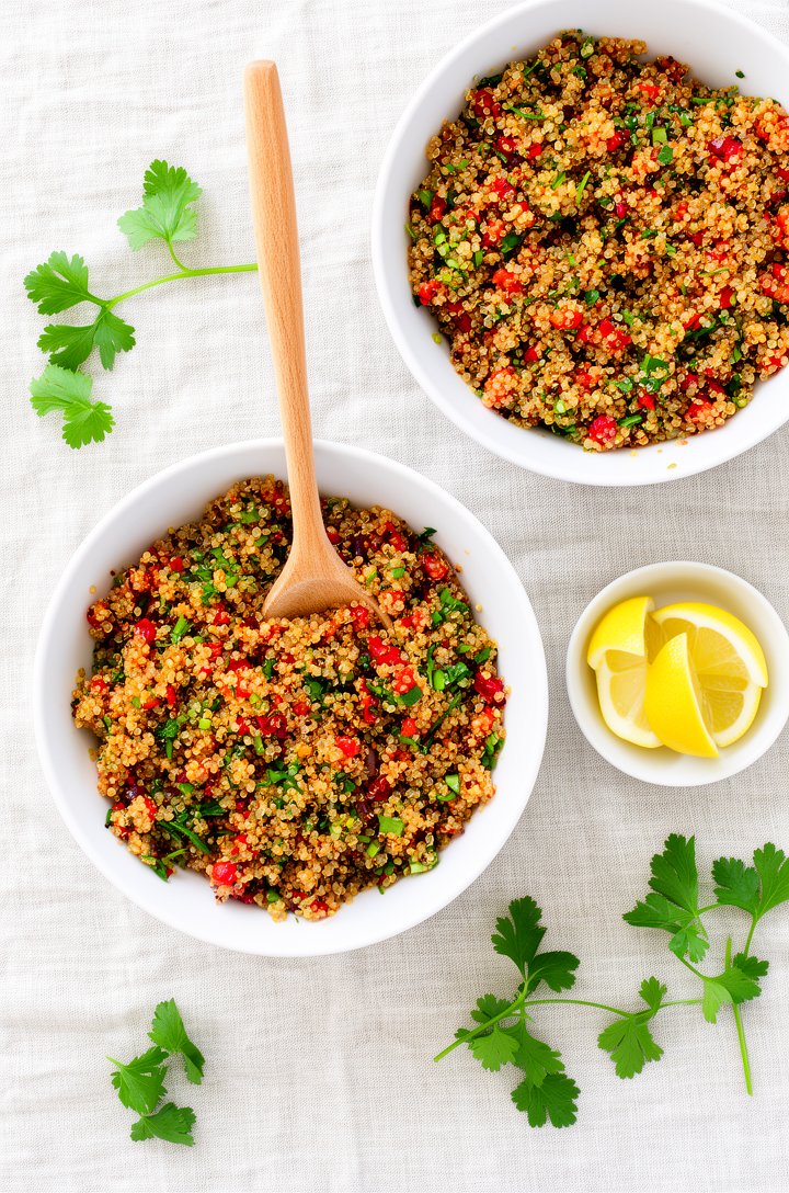 Overhead shot of two white bowls of quinoa salad on a light linen cloth, a wooden serving spoon resting across one bowl, a small dish of lemon wedges to the side, scattered parsley leaves on the cloth