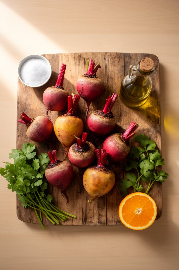 Overhead flat-lay of whole raw red and golden beets on a rustic wooden cutting board, some trimmed with short stems still attached, a small bowl of kosher salt and a bottle of olive oil to the side, l