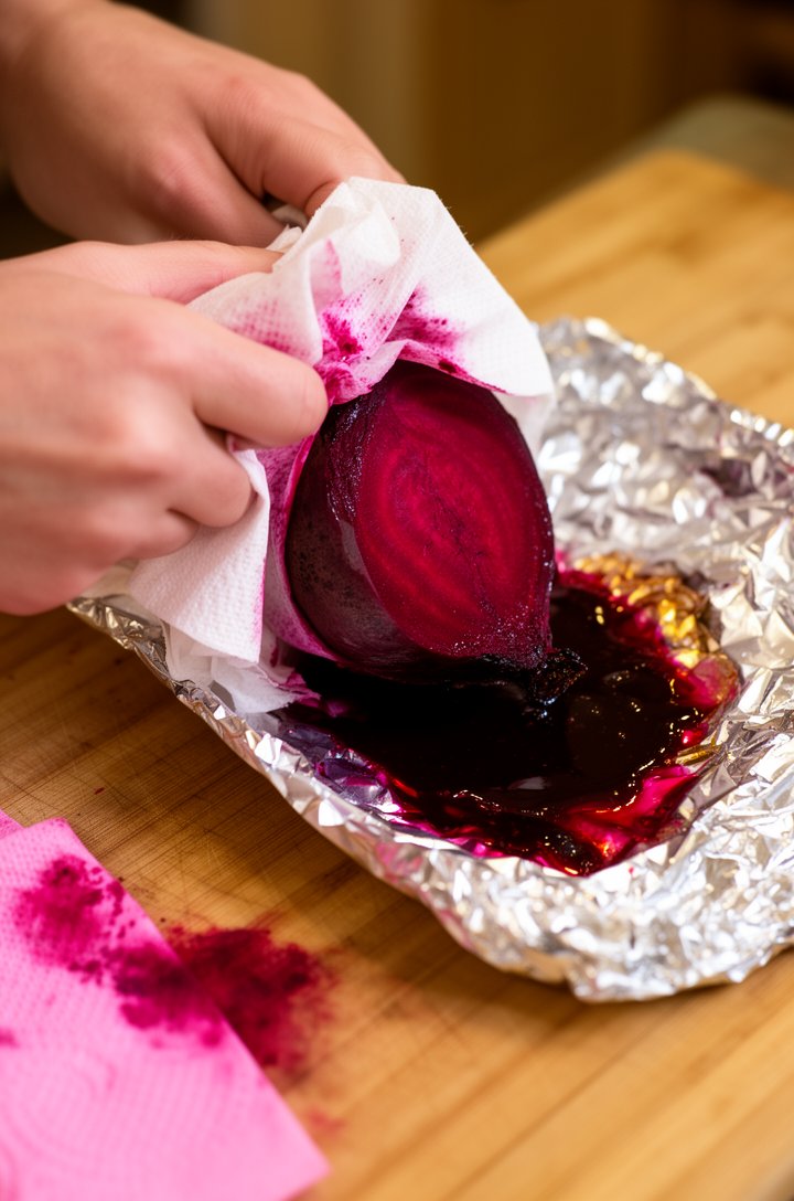 Close-up 45-degree angle of hands peeling roasted beets with a paper towel, deep magenta skin sliding off to reveal smooth jewel-toned flesh underneath, a sheet of crinkled aluminum foil open beside t