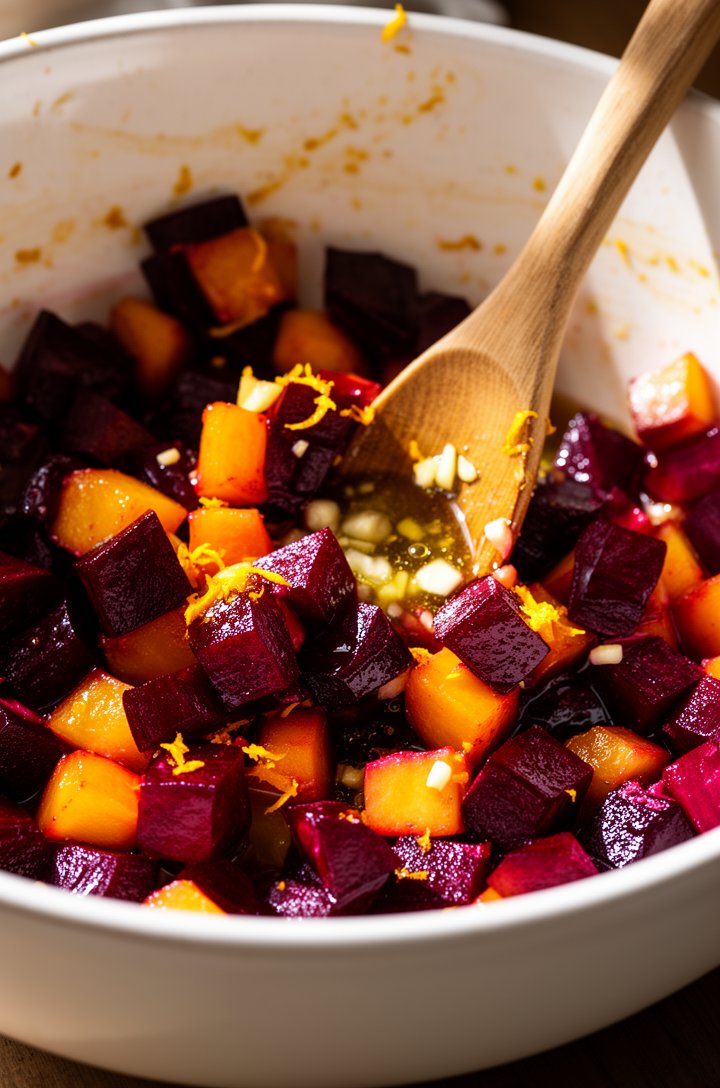 Extreme close-up macro shot of cubed roasted beets in a large white ceramic bowl being tossed with orange vinaigrette, glossy deep burgundy and golden-orange cubes catching the light, visible orange z