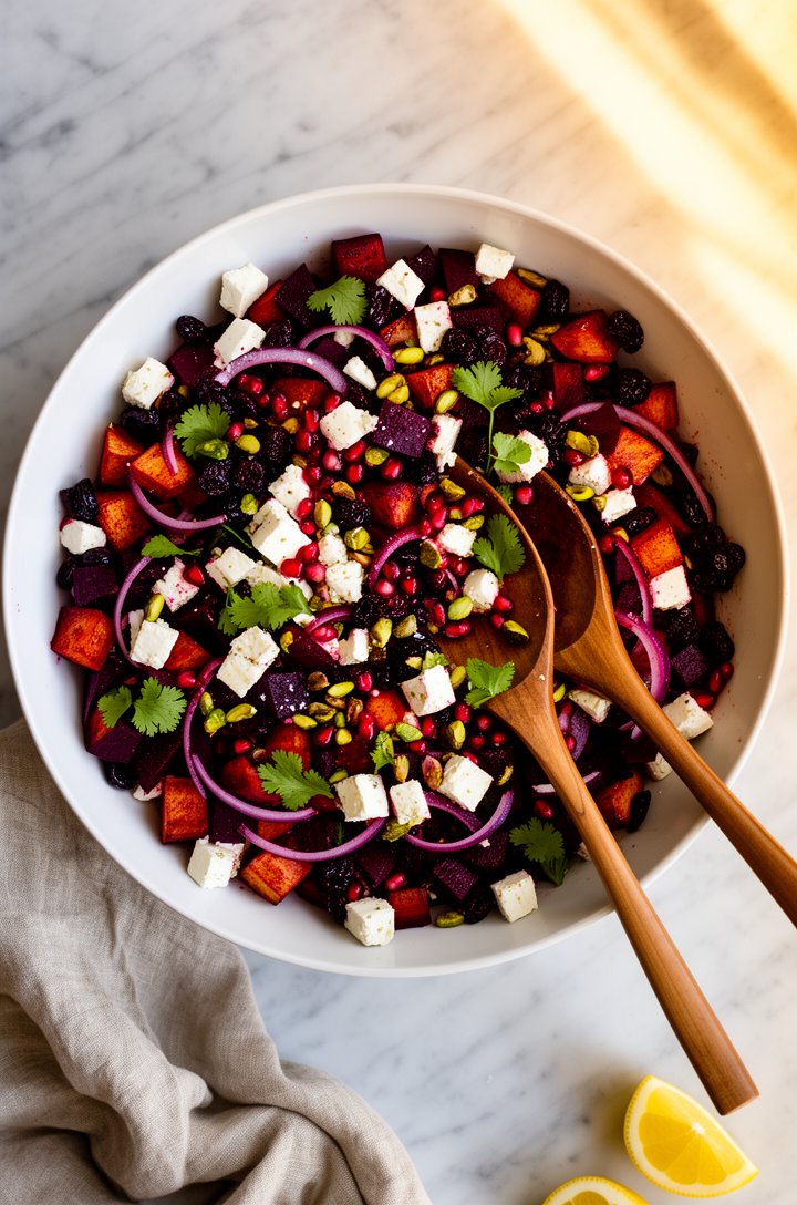 Overhead beauty shot of the finished roasted beet salad in a wide shallow white bowl on a marble surface, deep red and golden beet cubes studded with bright white feta cubes, vivid green pistachio pie