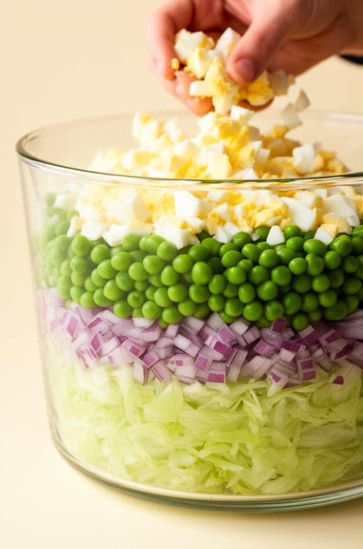 Close-up side-angle shot of a clear glass trifle bowl mid-assembly showing three completed bottom layers through the glass — pale green shredded iceberg lettuce at the base, a thin layer of diced purp