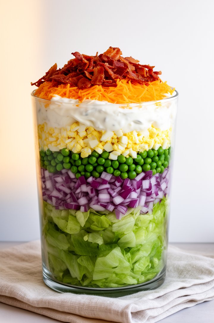 Straight-on side view of the fully assembled seven layer salad in a tall clear glass trifle bowl showing all seven distinct colorful layers through the glass: green lettuce on bottom, purple-red diced