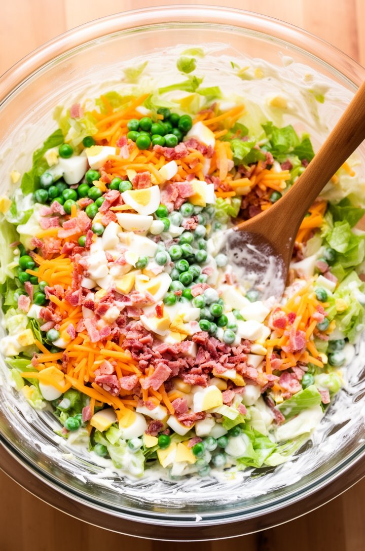 Overhead shot looking down into a large glass bowl of seven layer salad that has been partially tossed, showing the colorful ingredients mixed together — green lettuce, orange cheddar shreds, bright g