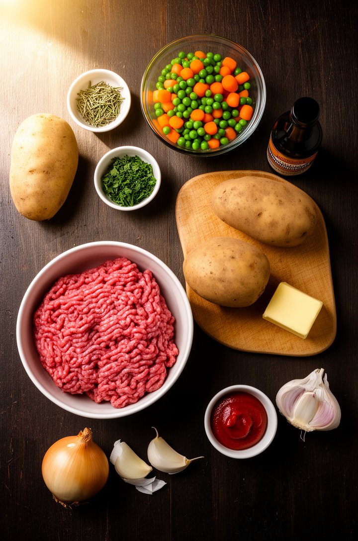 Overhead flat-lay of shepherd's pie ingredients arranged on a dark wooden surface — a bowl of raw ground beef, small pinch bowls of dried rosemary, thyme, and parsley, two peeled russet potatoes on a 