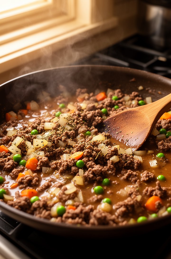 Close-up 30-degree angle of browned ground beef cooking in a large dark skillet with diced onions, visible herbs and seasonings mixed throughout, small pieces of carrot and bright green peas scattered