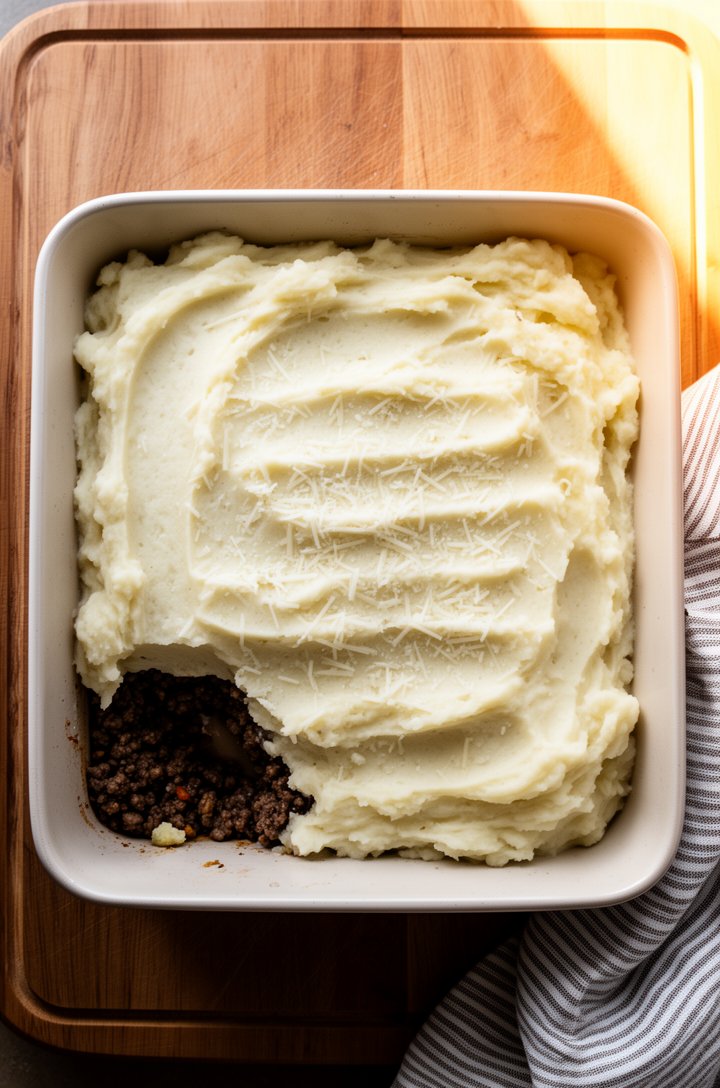 Overhead shot looking into a 9x9 baking dish of shepherd's pie just before going into the oven, creamy white mashed potatoes spread across the top with visible fork-drawn ridges and peaks, a small sec