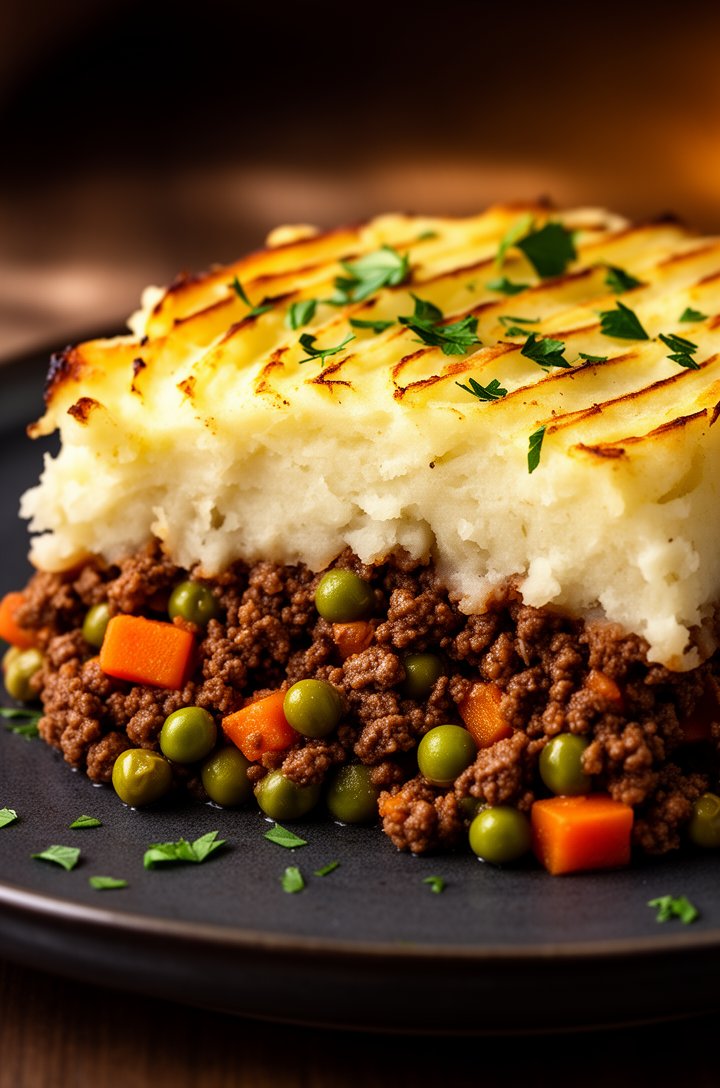 Extreme close-up macro shot of a single generous serving of shepherd's pie on a dark ceramic plate, golden-brown crispy mashed potato topping with caramelized ridges visible, the cross-section showing