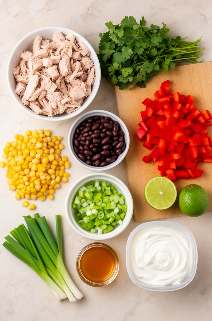 Overhead flat-lay of southwest chicken salad ingredients arranged on a light marble countertop — a bowl of diced cooked chicken, a small bowl of rinsed black beans, a pile of yellow corn kernels, dice