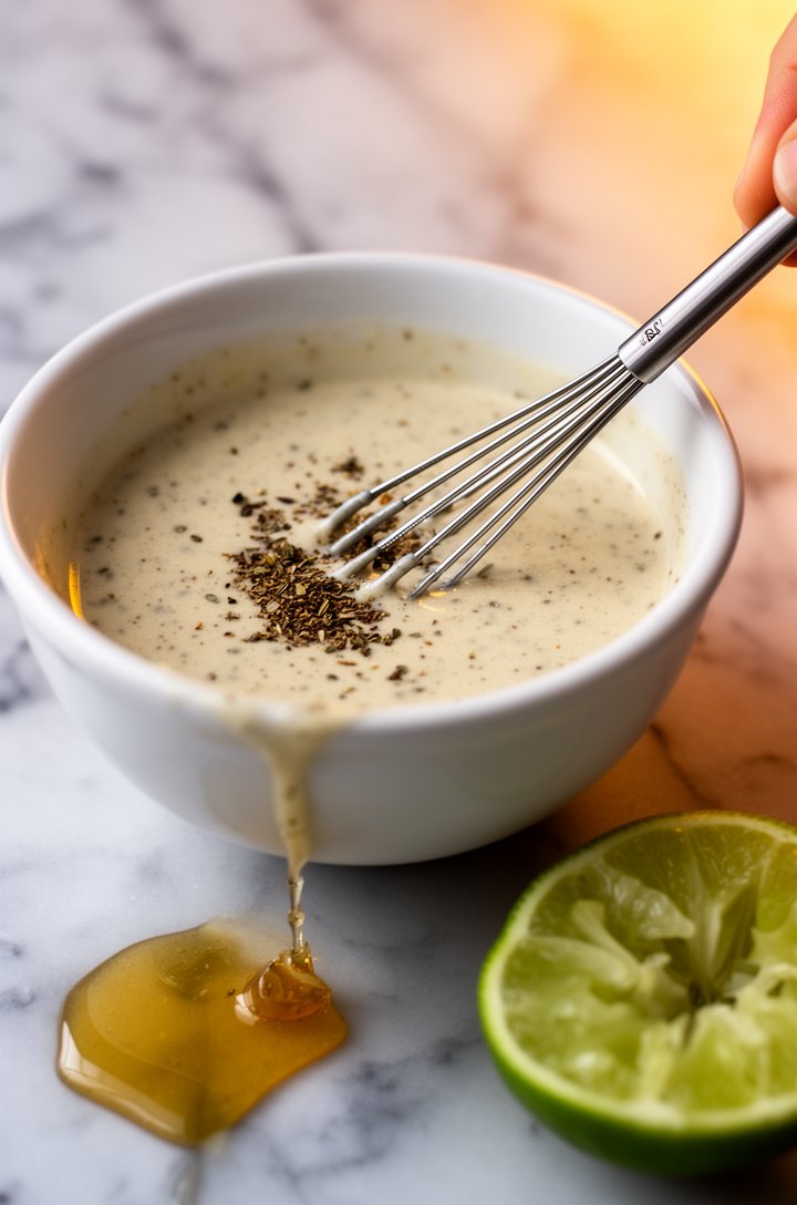 Close-up 45-degree angle of a small white bowl with creamy honey-lime-cumin dressing being whisked with a small fork, visible specks of ground cumin and oregano suspended in the creamy mixture, a sque