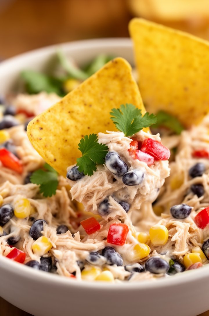 Extreme close-up macro shot of southwest chicken salad being scooped with a tortilla chip, creamy dressing-coated shredded chicken with visible black beans, corn kernels, red bell pepper pieces, and c