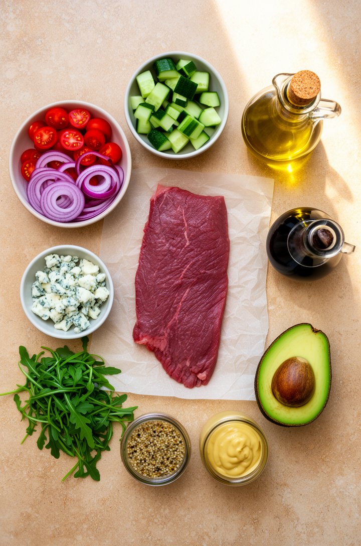 Overhead flat-lay of steak salad ingredients arranged on a warm beige stone surface — a raw flank steak on parchment paper in the center, small bowls of halved cherry tomatoes, sliced red onion rings,