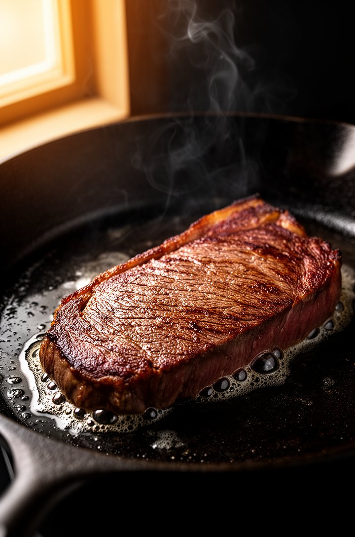Close-up 30-degree angle of a flank steak searing in a dark cast-iron skillet, deep brown crust forming on the surface with tiny bubbles of rendered fat around the edges, wisps of smoke rising, the st