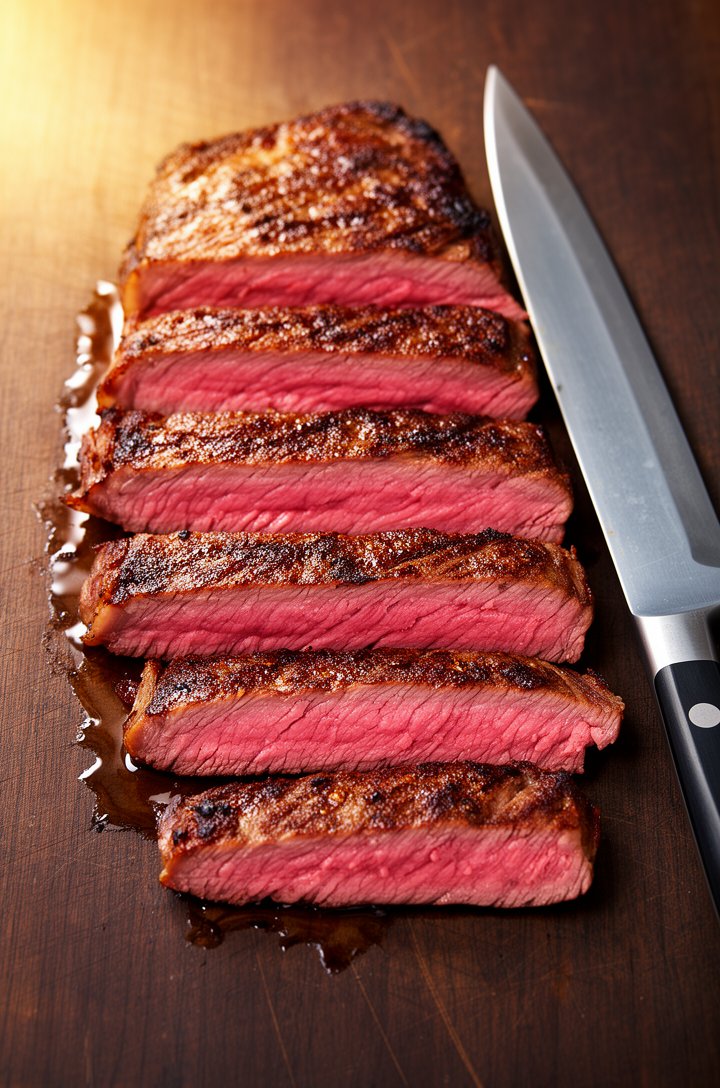 Close-up overhead shot of thinly sliced medium-rare flank steak on a dark wooden cutting board, each slice showing a deep seared brown crust on the outside and vivid pink-red interior, slices fanned o