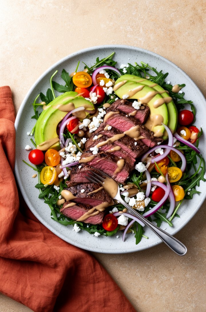 Overhead beauty shot of the finished steak salad on a light grey speckled ceramic plate, thinly sliced medium-rare steak fanned across a bed of dark green arugula, bright red and yellow halved cherry 