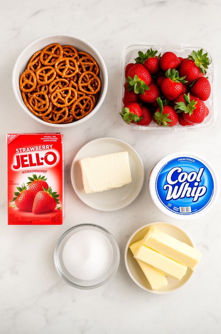 Overhead flat-lay of all strawberry pretzel salad ingredients arranged on a white marble countertop: a bowl of whole salted pretzels, a block of cream cheese on a small plate, a box of strawberry Jell