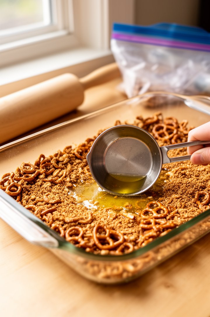 Close-up action shot of crushed pretzels being pressed into a 9x13 glass baking dish with the flat bottom of a measuring cup, a mix of fine crumbs and small chunky pretzel pieces visible, melted butte