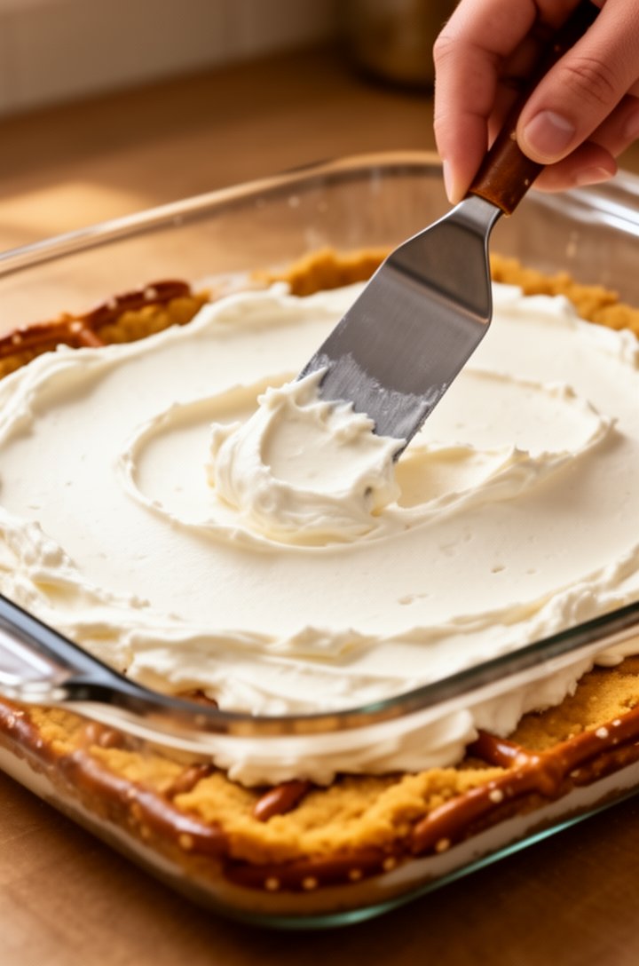 Side-angle shot of the cream cheese mixture being spread over the cooled golden pretzel crust in a clear glass 9x13 baking dish with an offset spatula, the thick white fluffy layer halfway spread show