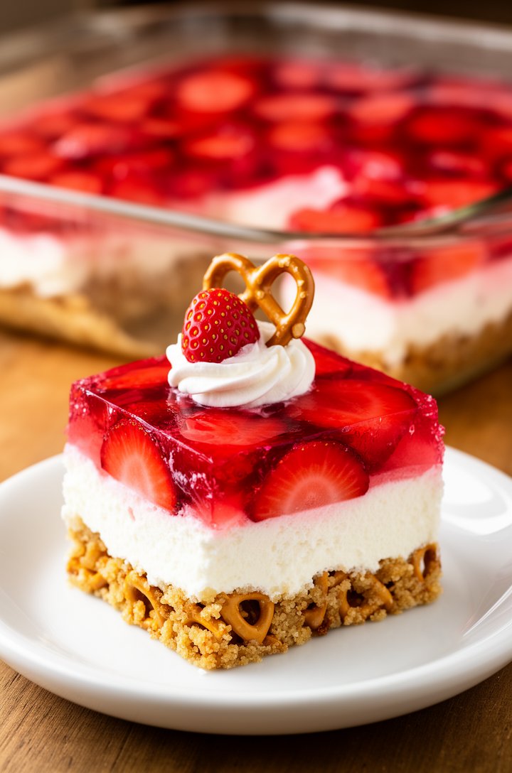 Close-up side-angle shot of a single square slice of strawberry pretzel salad on a small white plate, all three layers clearly visible: crunchy golden-brown pretzel crust with visible pretzel chunks o