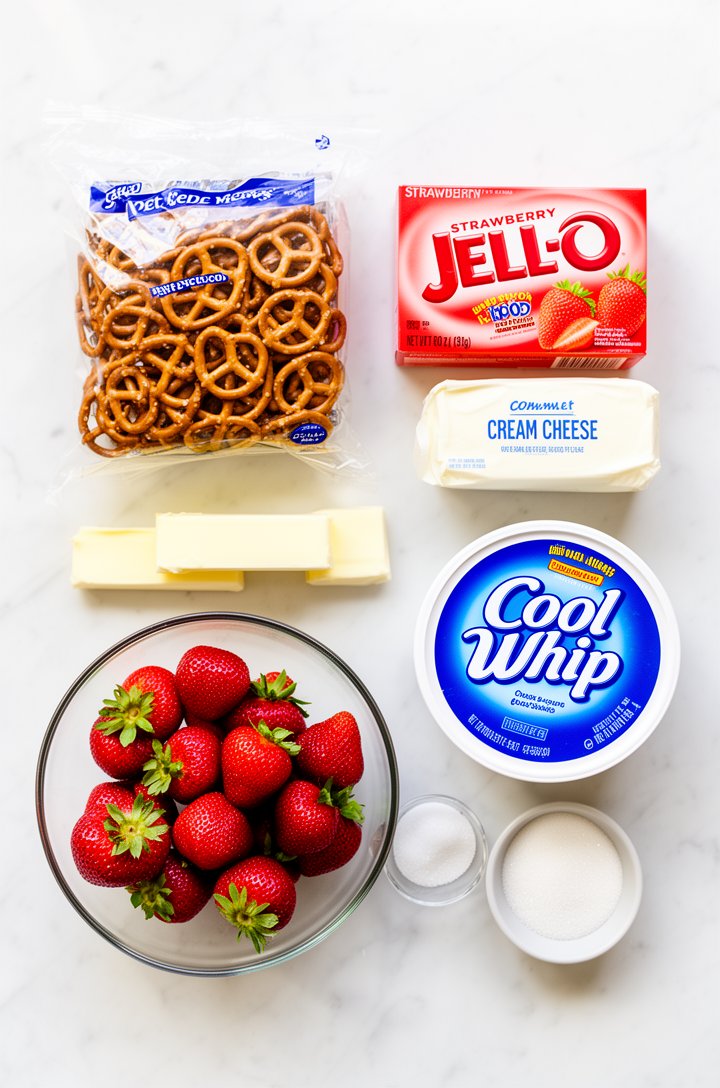 Overhead flat-lay of all ingredients for strawberry pretzel salad arranged on a white marble countertop — a bag of salted pretzel twists, a box of strawberry Jell-O, a block of cream cheese, a tub of 