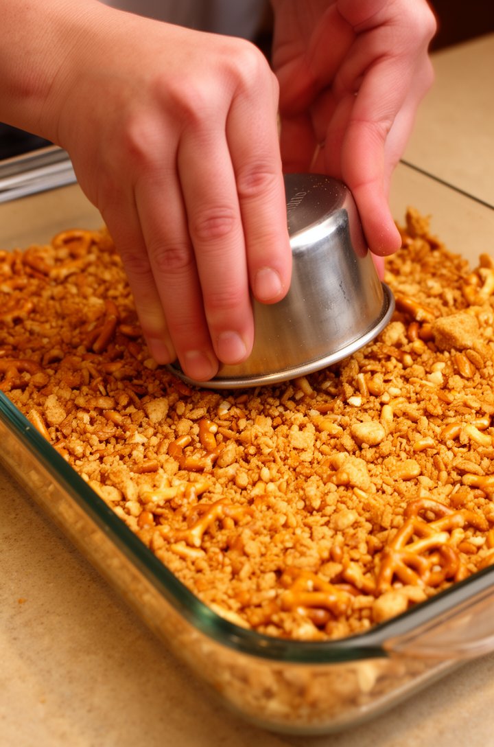 Close-up 30-degree side angle of hands pressing crushed pretzel mixture firmly into the bottom of a clear 13x9 glass baking dish using the flat bottom of a metal measuring cup, golden buttery pretzel 